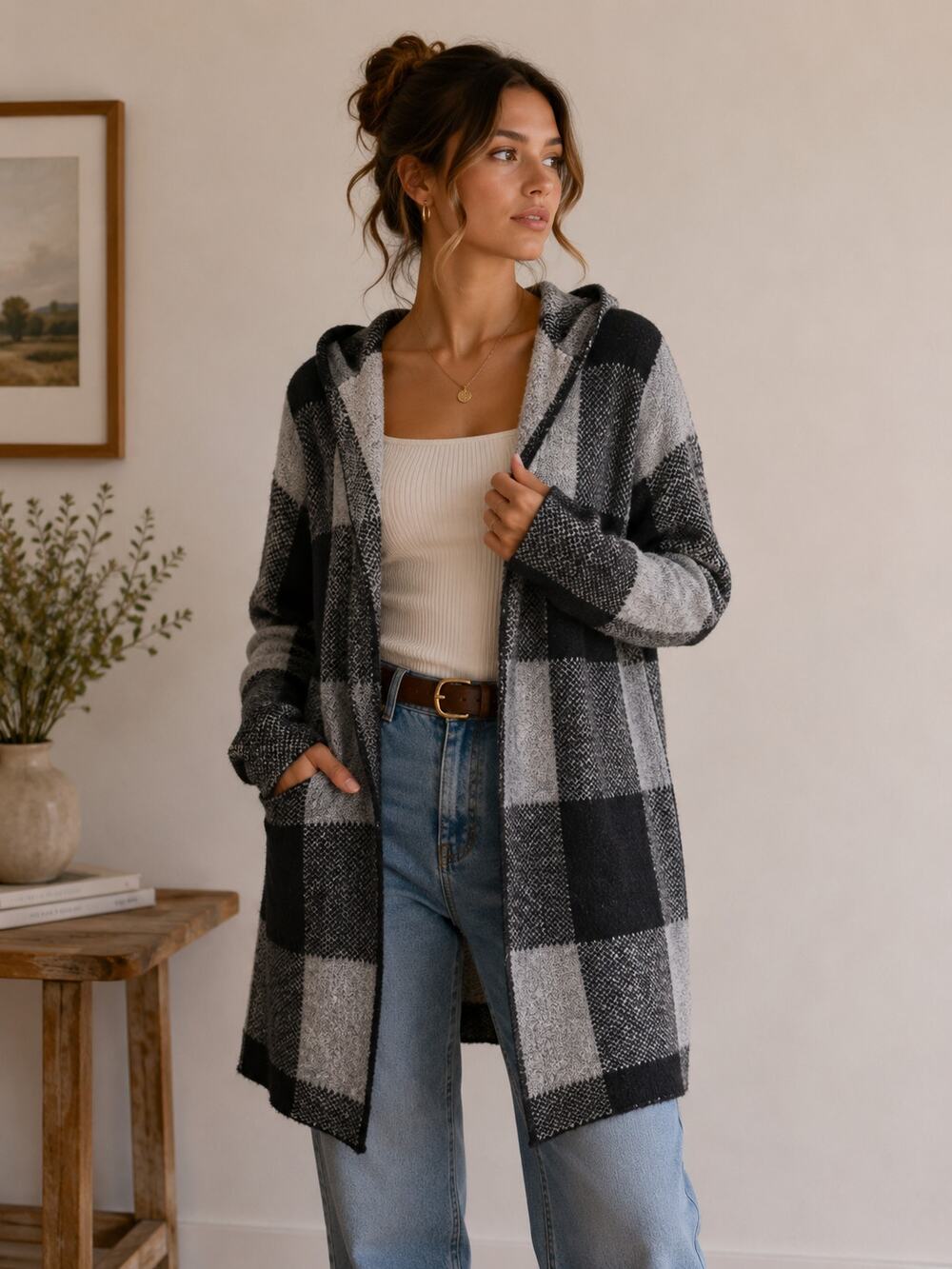 Fortune + Ivy Buffalo Plaid Hooded Cardigan Open Front Pockets L